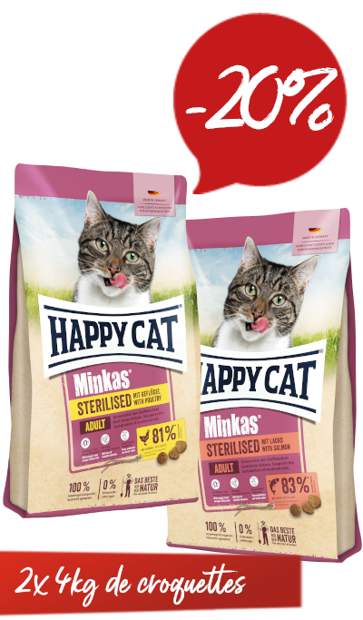 Lot de 2 sacs de croquettes Minkas Sterilised 4kg - 1x Volaille + 1x Saumon